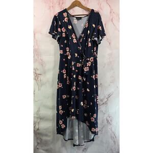 Fortune & Ivy Dress Womens 1X Navy Pink Faux Wrap Plunge Midi Maxi Soft Hi Low